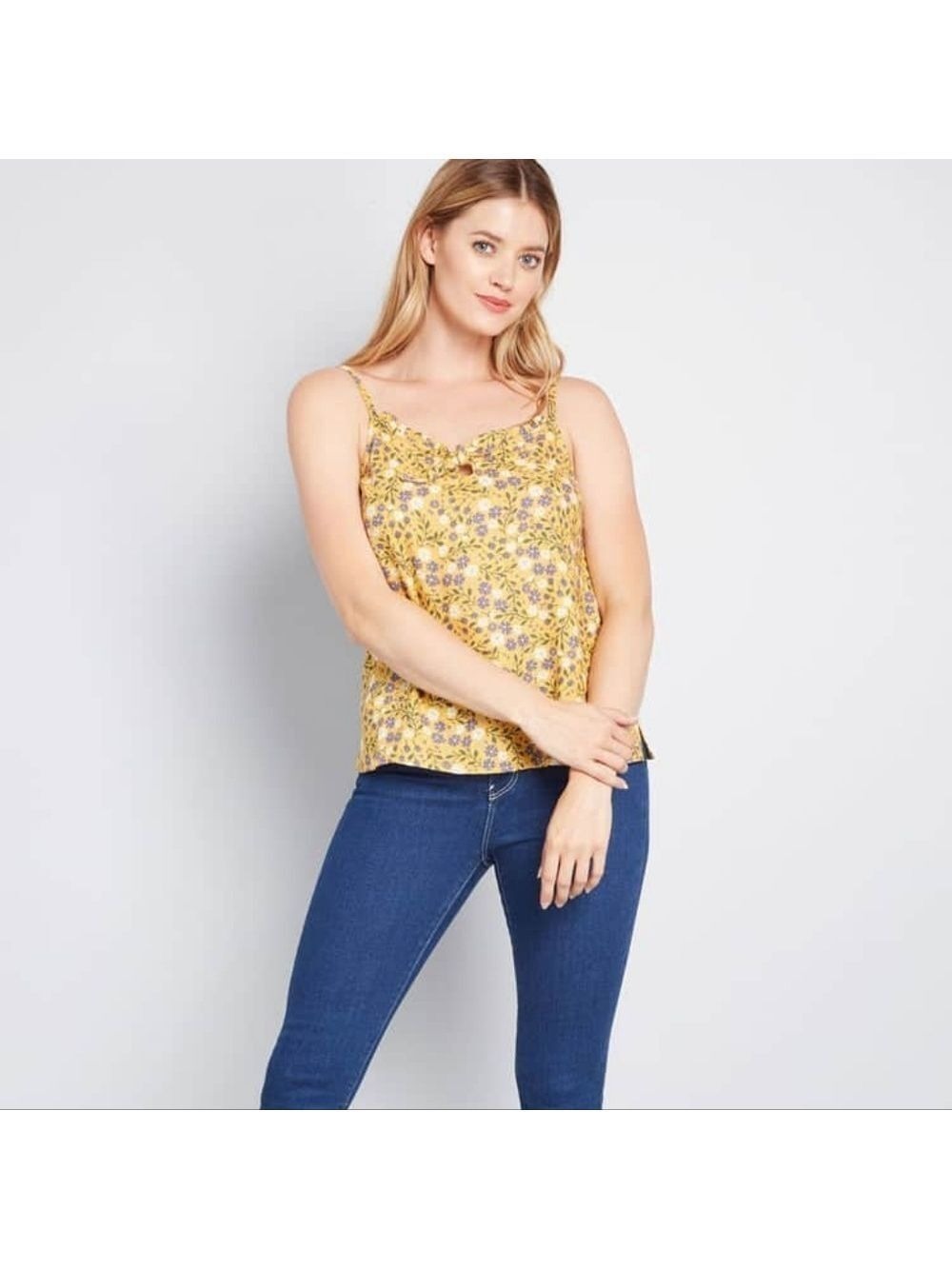 ModCloth Mustard Yellow Floral Sleeveless Linen Blend Tank Top